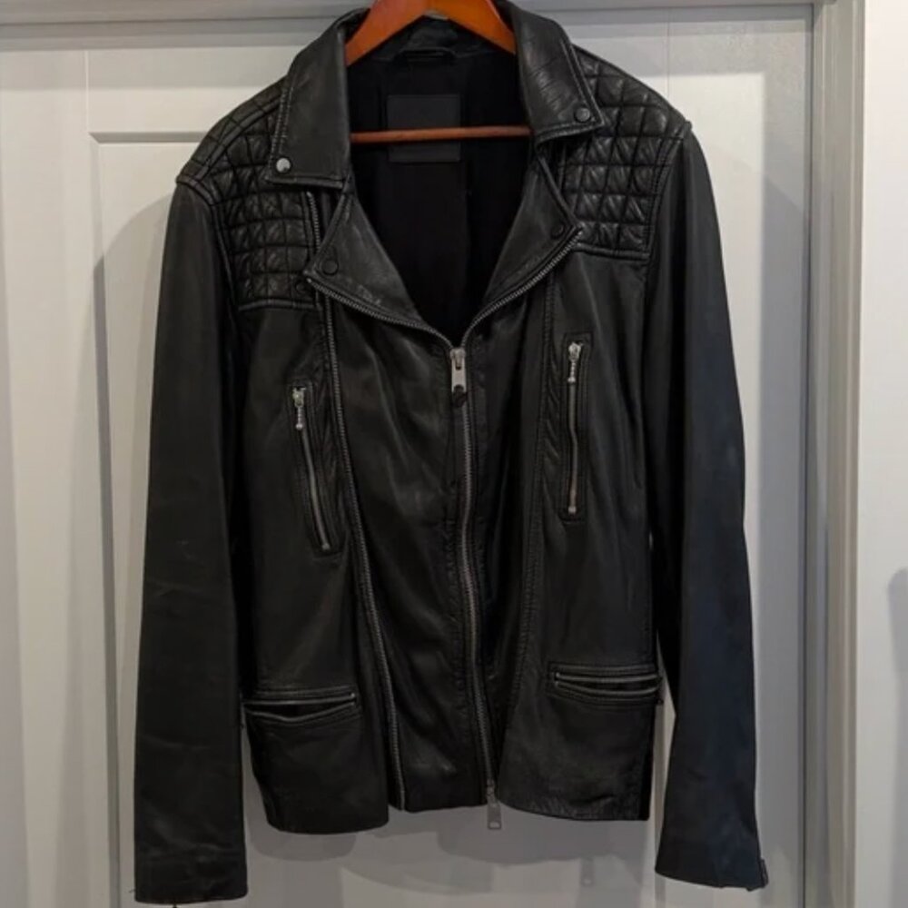 All Saints Rowley Leather Biker Jacket - Anthracite Grey - L